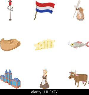 Country Holland icons set, cartoon style Stock Vector