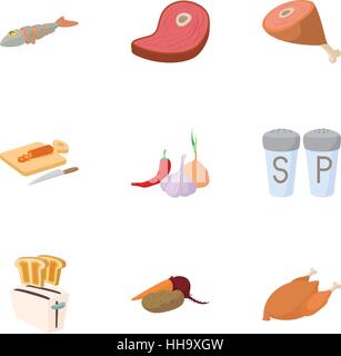 Kitchen and cooking icons set, cartoon style Stock Vector