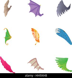 Wings of bird icons set, cartoon style Stock Vector