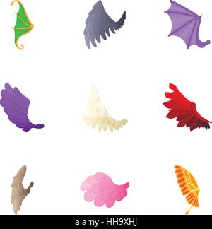 Types of wings icons set, cartoon style Stock Vector