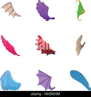 Different wings icons set, cartoon style Stock Vector