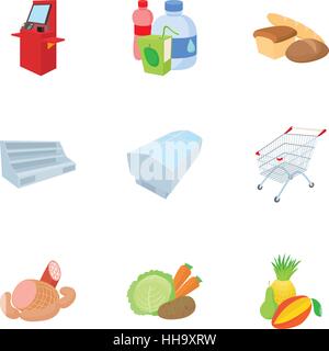 Selling products in store icons set, cartoon style Stock Vector