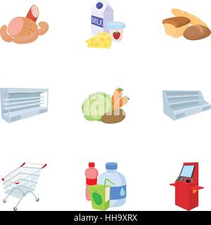 Buying products in store icons set, cartoon style Stock Vector