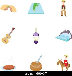 Attractions of Argentina icons set, cartoon style Stock Vector