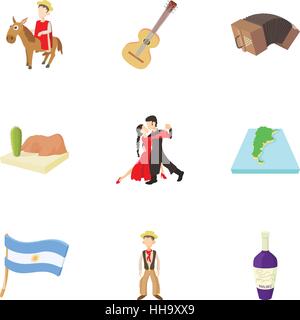 Tourism in Argentina icons set, cartoon style Stock Vector