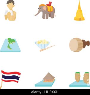 Holiday in Thailand icons set, cartoon style Stock Vector