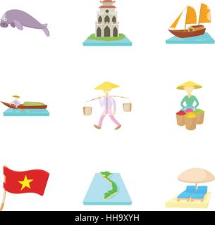 Attractions of Vietnam icons set, cartoon style Stock Vector