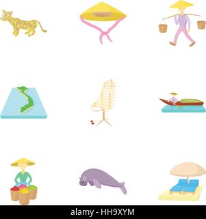 Tourism in Vietnam icons set, cartoon style Stock Vector