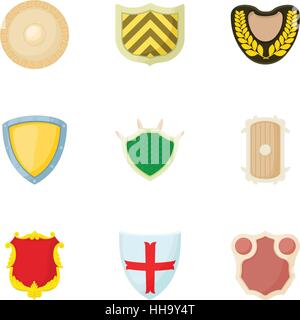 Protective shield icons set, cartoon style Stock Vector