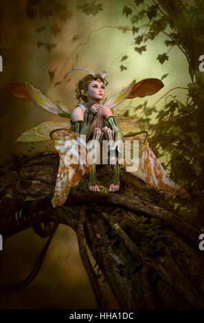 3D computer graphics of a fairy with butterfly wings sitting on a tree trunk Stock Photo