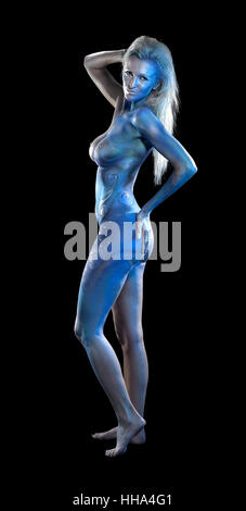 mystic mermaid theme showing a blue  bodypainted woman posing in black back