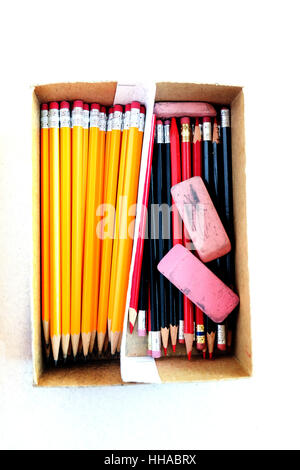 Pencils for work business or school in box with erasers Stock Photo