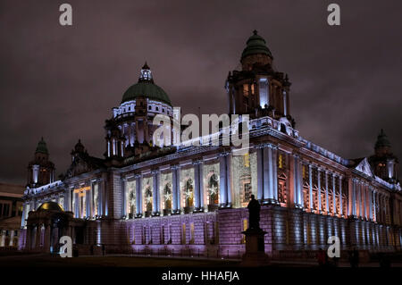 Belfast City Hall, floodlit. Stock Photo