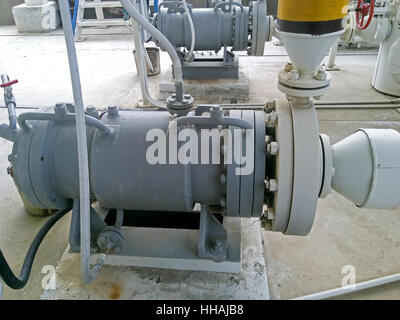 The pump for pumping hot products of oil refining. Equipment refinery. Stock Photo