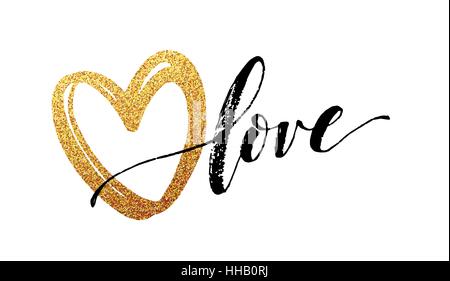 Happy Valentines Day hand lettering, with golden glitter . Vector illustration Stock Vector