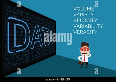 Illustration of business man with cloud mask and big data digital dashboard on binary background. Stock Vector