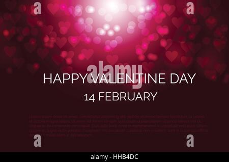 Festive dark red background with heart shape bokeh, defocused lights for Valentines day. Valentines design wallpaper. Stock Vector