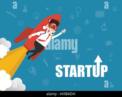 Illustration of entrepreneurship, start up business man concept. Character design of business man with and igniting rocket. Stock Vector