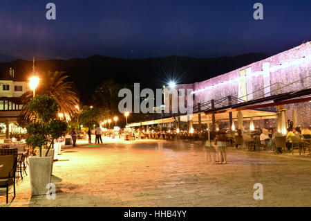 Budva old  town cafe, night scene, Montenegro, Europe Stock Photo