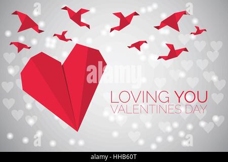 Valentine's day background, origami red paper heart shape. Stock Vector
