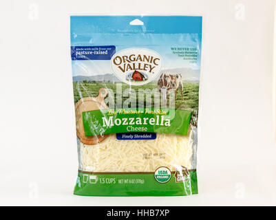 A pack of grated mozzarella cheese by Organic Valley. Stock Photo