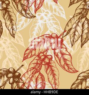 Seamless pattern based on engraving illustration of coffee branches with beans and leaves. Great for cafe, bars, coffee ads, wallpaper, wrapping paper. Vector illustration Stock Vector