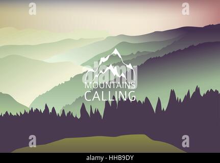 green Sundown in the mountain - Vector Background. Sign Mountains are calling Stock Vector