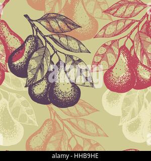 Seamless pattern based on engraving illustration of pear branches with fruits and leaves. Vector illustration Stock Vector