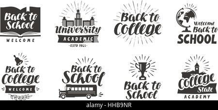 School, college set icons. Beautiful calligraphic lettering. Label vector illustration Stock Vector