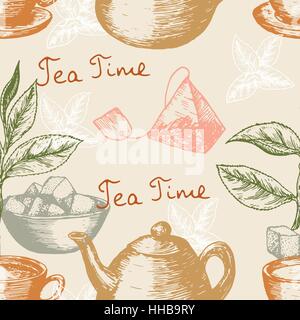 Seamless pattern based on engraving illustration of tea collection. Great for cafe, bars, coffee ads, wallpaper, wrapping paper. Vector illustration Stock Vector