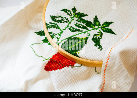 Cross-stitch is a popular form of counted-thread embroidery in which X-shaped stitches in a tiled, raster-like pattern are used to form a picture. Stock Photo