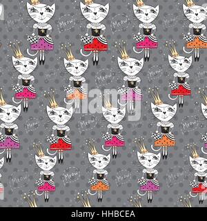 Cute royal girly texture with funny character on grey polka dot background for paper and textile design Stock Vector
