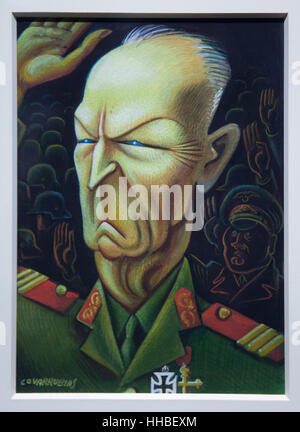 Coloured caricature of Romanian dictator Ion Antonescu by Mexican caricaturist Miguel Covarrubias displayed at the exhibition devoted to Mexican art from 1900 to 1950 in Grand Palais in Paris, France. The exhibition runs in the till 23 January 2017. Stock Photo