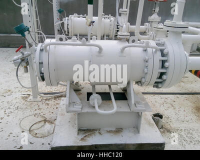 The pump for pumping hot products of oil refining. Equipment refinery. Stock Photo