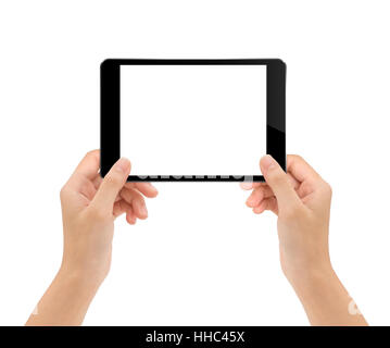 mock-up tablet in woman hand isolated on white clipping path inside Stock Photo