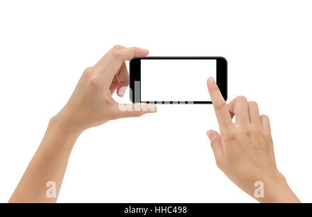 hand holding phone mobile and touching screen isolated on white background, mock-up smartphone matte black color Stock Photo