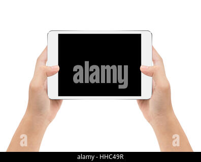 mock-up digital tablet in hand isolated on white background with clipping path inside Stock Photo