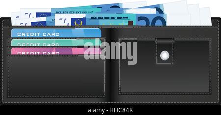 Open wallet with twenty euro banknotes and credit cards. Vector illustration. Stock Vector