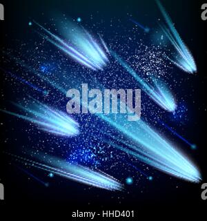 Shining blue meteorites in the starry sky. EPS 10 Stock Vector