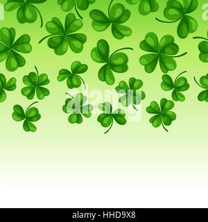 Saint Patricks Day seamless border. Green clover shamrock and the four-leaf Stock Vector