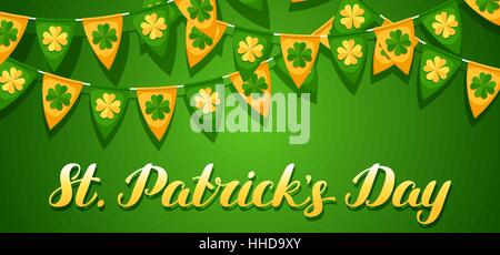 Saint Patricks Day seamless pattern. Garland flags with clover Stock Vector