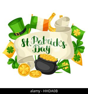 Saint Patricks Day greeting card. Flag Ireland, pot of gold coins, shamrocks, green hat and horseshoe Stock Vector