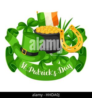 Saint Patricks Day greeting card. Flag Ireland, pot of gold coins, shamrocks, green hat and horseshoe Stock Vector
