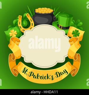Saint Patricks Day greeting card. Flag, pot of gold coins, shamrocks, green hat and horseshoe Stock Vector