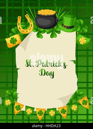 Saint Patricks Day poster. Flag, pot of gold coins, shamrocks, green hat and horseshoe Stock Vector