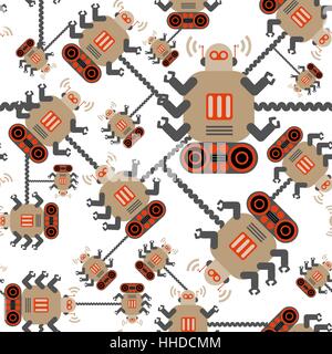 Robots color seamless pattern on white background. Stock Vector