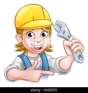 A mechanic or plumber handyman cartoon character holding a spanner and pointing Stock Photo