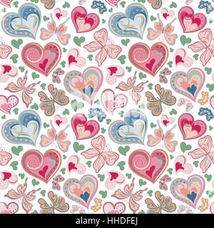 bright seamless pattern with butterflies and hearts Stock Vector