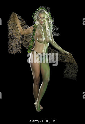 green bodypainted woman in black back Stock Photo
