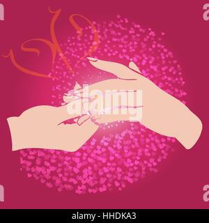 Groom puts the ring on the bride hand, wedding and Valentines Day Card. Vector illustration. Element design for cards and invitation Stock Vector